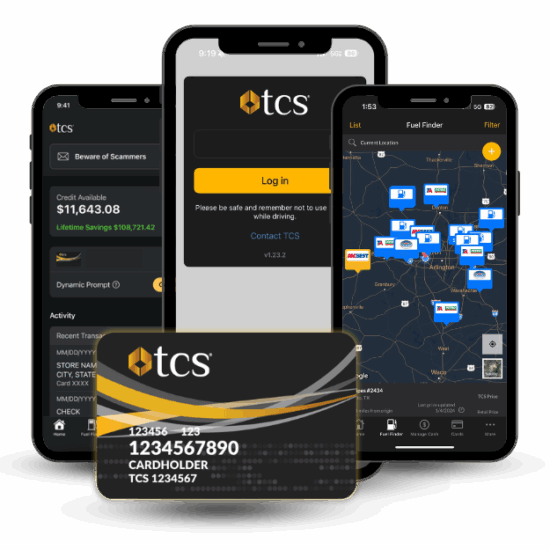 The TCS Fuel Card works with our mobile app for truckers and TCS client website available 24/7 to find fuel discounts near you, unlock your fuel card, and contact customer service if you need us!