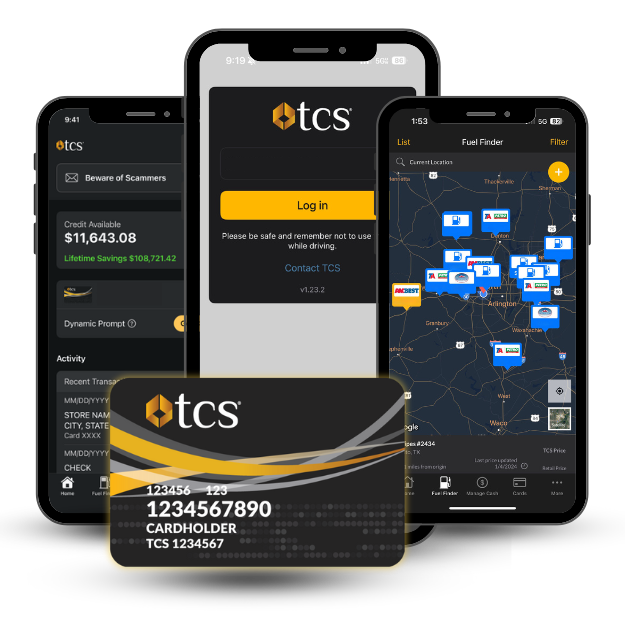 The TCS Fuel Card works with our mobile app for truckers and TCS client website available 24/7 to find fuel discounts near you, unlock your fuel card, and contact customer service if you need us!