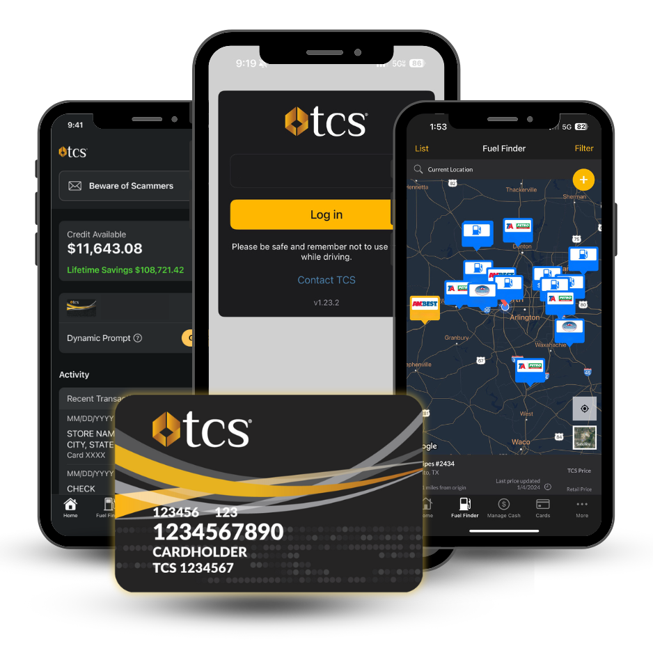 The TCS Fuel Card works with our mobile app for truckers and TCS client website available 24/7 to find fuel discounts near you, unlock your fuel card, and contact customer service if you need us!