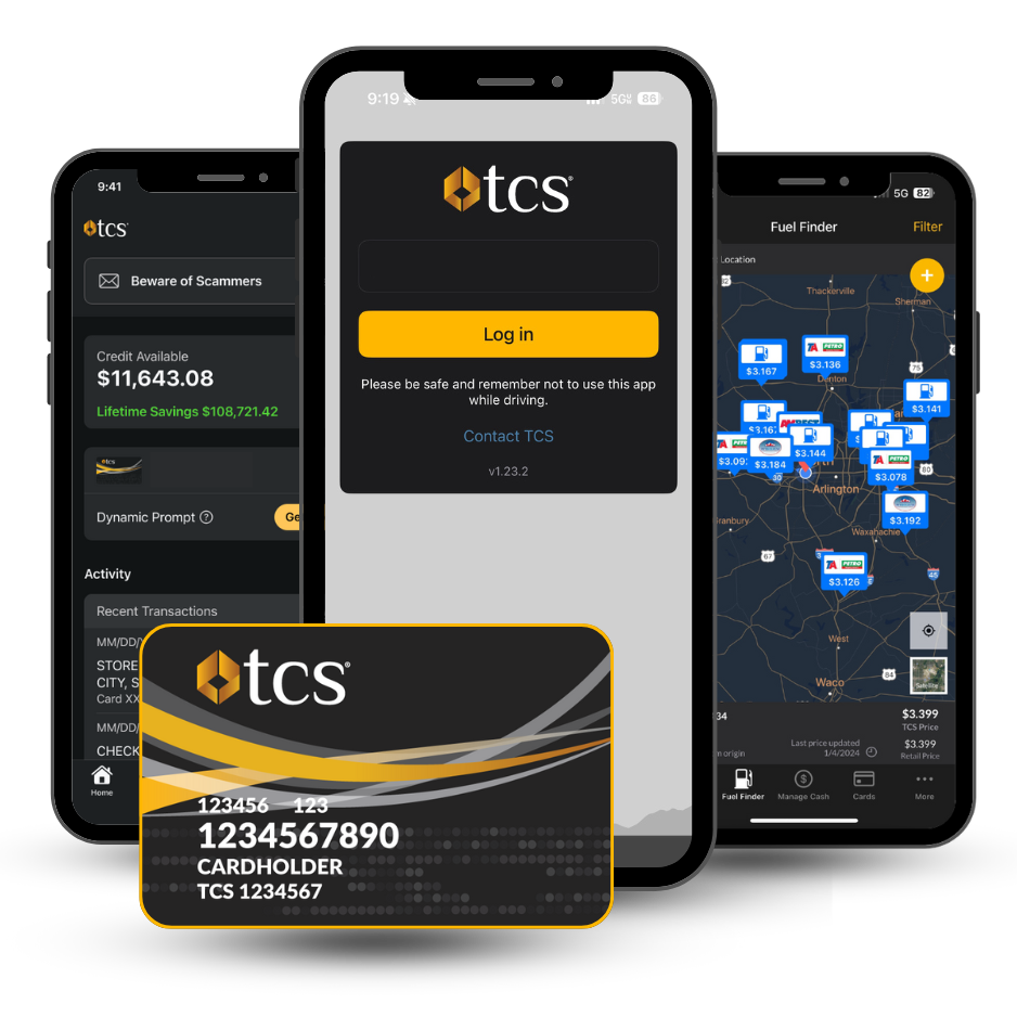 The TCS Fuel Card works with our mobile app for truckers and TCS client website available 24/7 to find fuel discounts near you, unlock your fuel card, and contact customer service if you need us!
