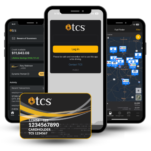 The TCS Fuel Card works with our mobile app for truckers and TCS client website available 24/7 to find fuel discounts near you, unlock your fuel card, and contact customer service if you need us!