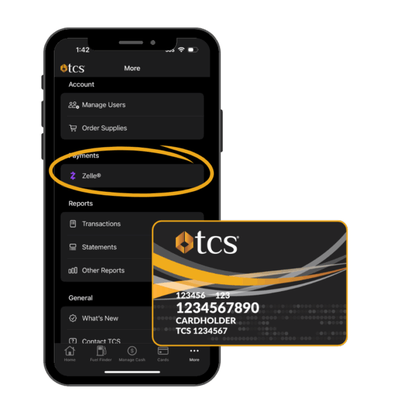 TCS Mobile App showing Zelle and fuel card
