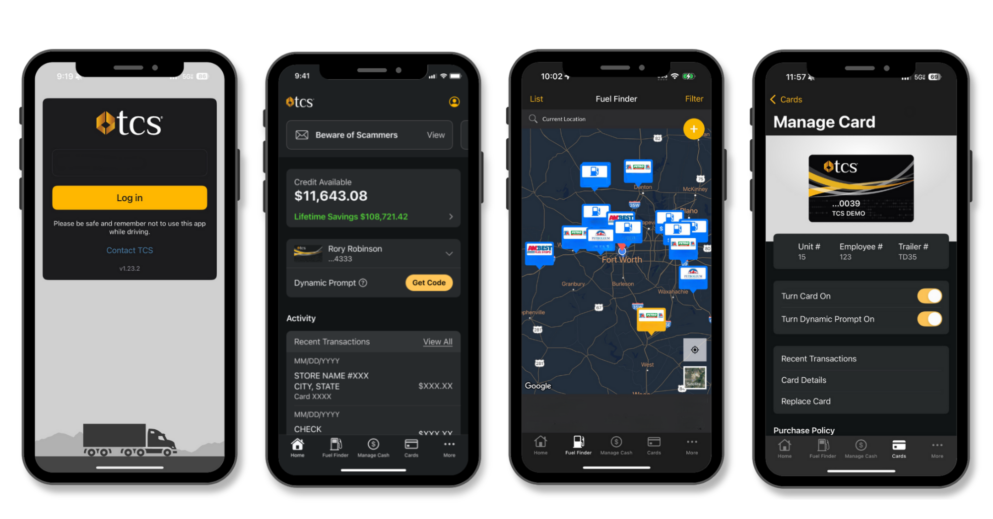 TCS Mobile app screens