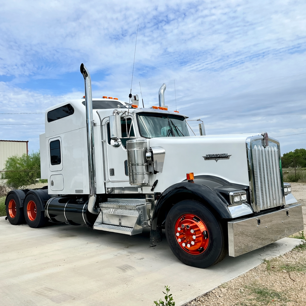 Image of a White Kenworth with red rims.