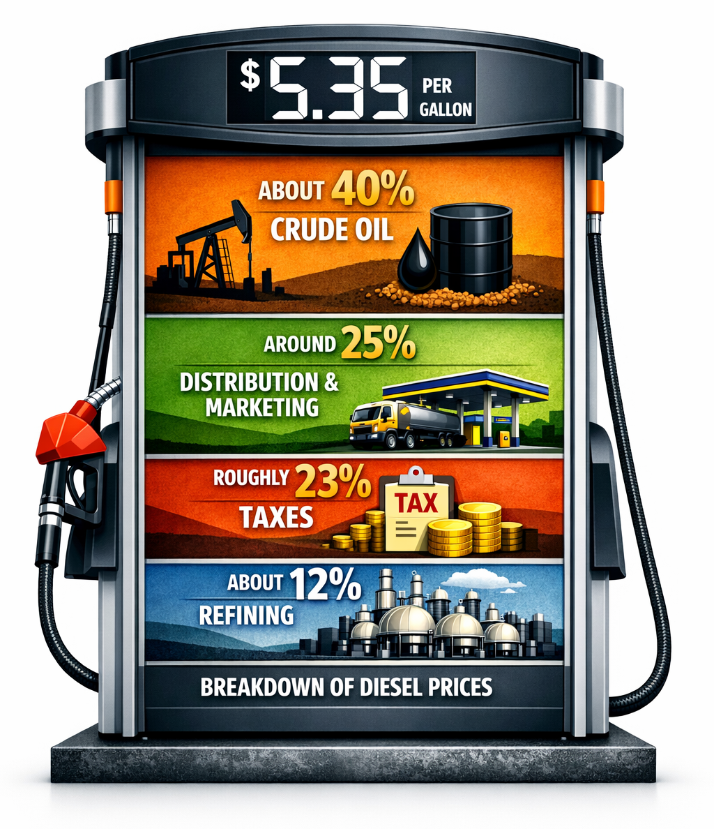 Breakdown of diesel prices shown on a modern fuel pump, illustrating that diesel costs are composed of approximately 40% crude oil, 25% distribution and marketing, 23% taxes, and 12% refining, with a total price of $5.35 per gallon.