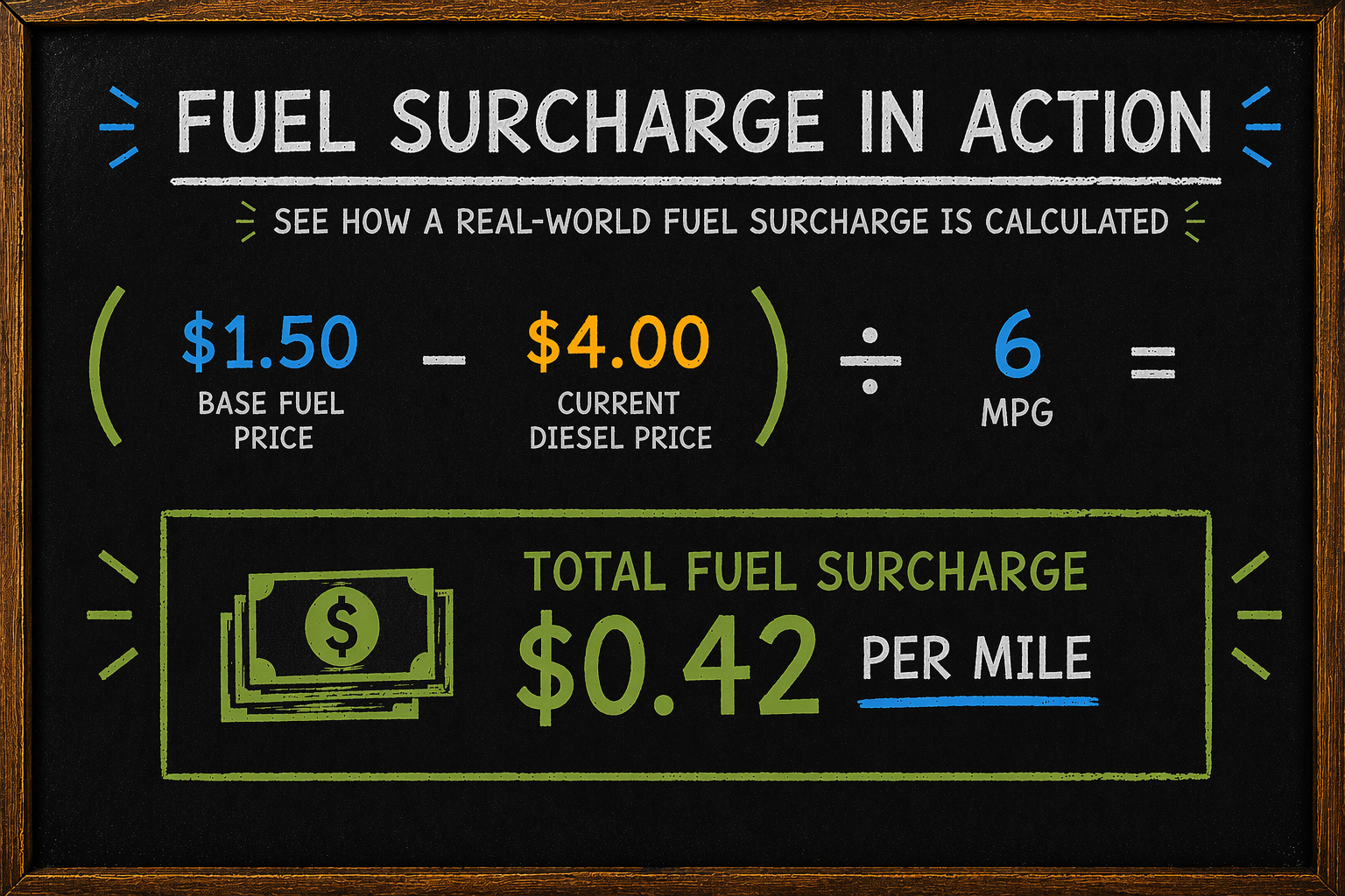 Chalkboard-style infographic titled "Fuel Surcharge In Action" showing a fuel surcharge calculation example: $4.00 current diesel price minus $1.50 base fuel price, divided by 6 MPG, resulting in a total fuel surcharge of $0.42 per mile. The graphic features hand-drawn chalk lettering, a money icon, and a wood-framed blackboard design.