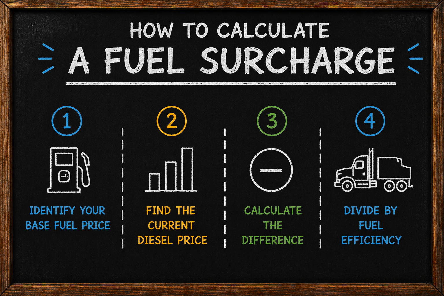 Chalkboard-style infographic showing how to calculate a trucking fuel surcharge.