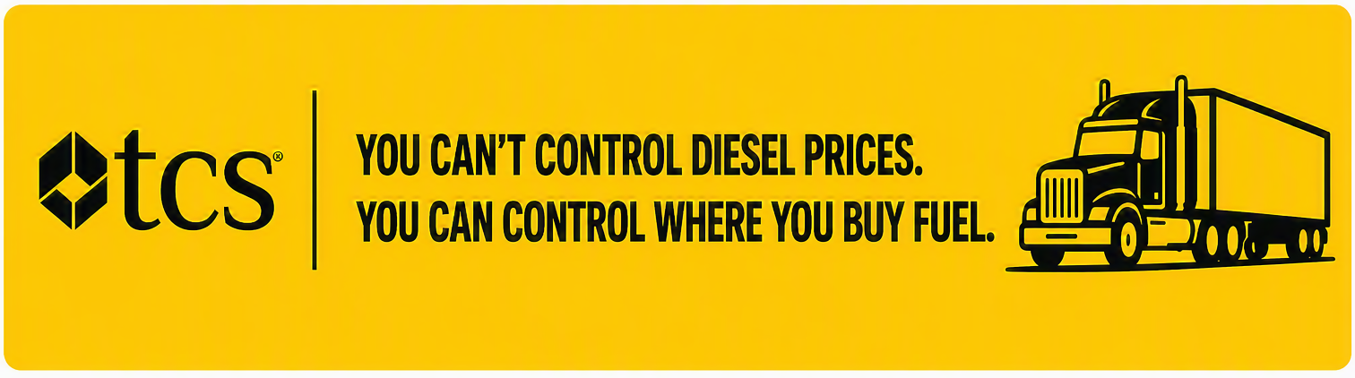Control Callout Box - blk text TCS Fuel Card banner highlighting fuel savings with a semi-truck graphic and message about controlling fuel costs through smarter fuel purchasing.