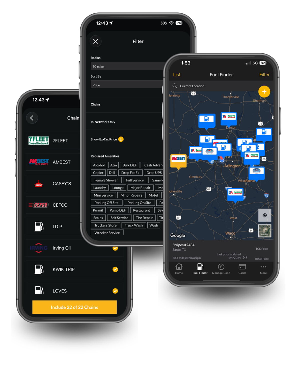 TCS Fuel Finder filters4 Fuel Finder, Filter screen and fuel chains on the TCS mobile app