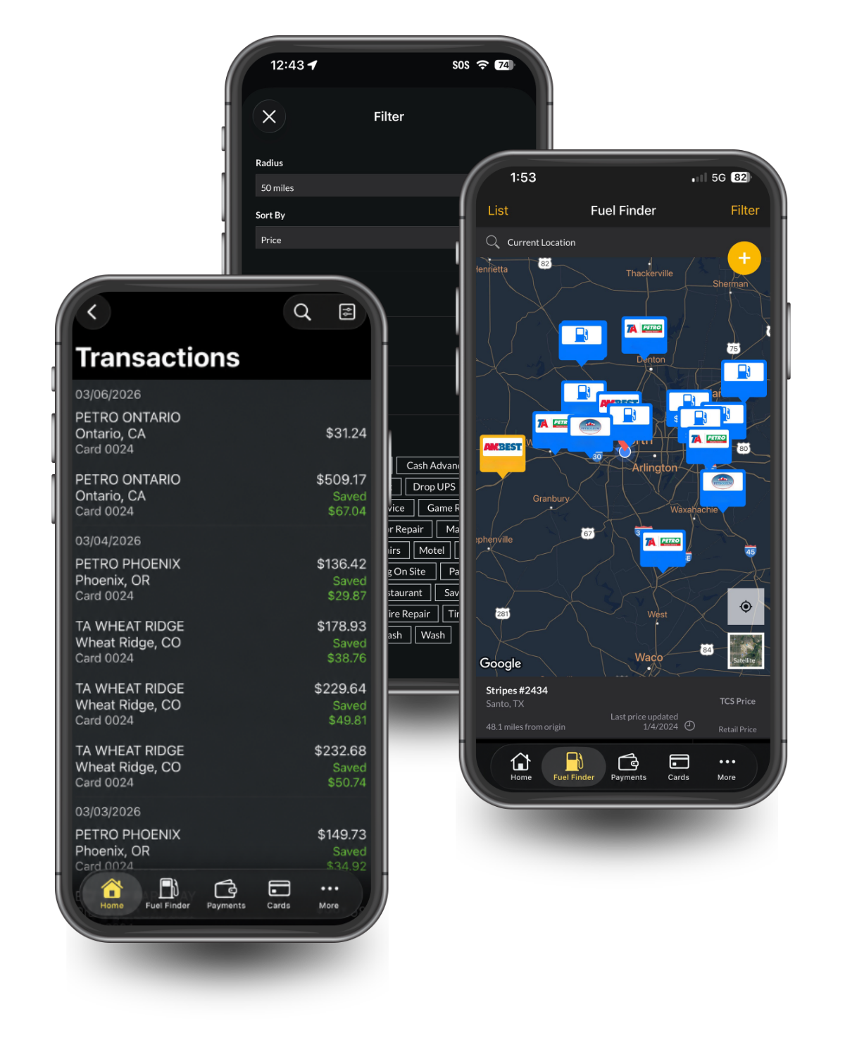 Fuel Finder and Transactions TCS Fuel mobile app screens showing fuel card transactions and savings, fuel station locations on the Fuel Finder map, and search filters.