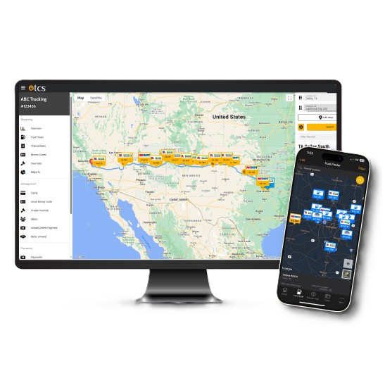 Fuel_Finder_2025 (1) TCS Fuel Finder displayed on a desktop computer and mobile phone, showing a nationwide map of truck stop fuel locations, diesel prices, and routing tools for trucking companies and owner-operators.